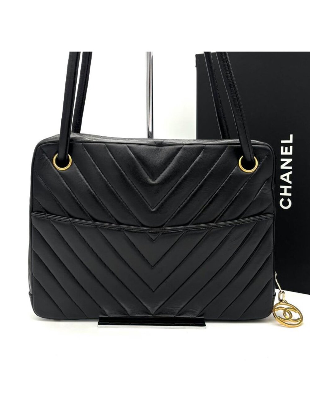 Chanel Stitch 2-Way Shoulder Tote Black Lambskin